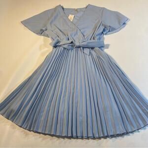 NWT ePretty Sz S Sky Blue Flutter Sleeve Cross Front Pleated Dress W Waist Sash‎